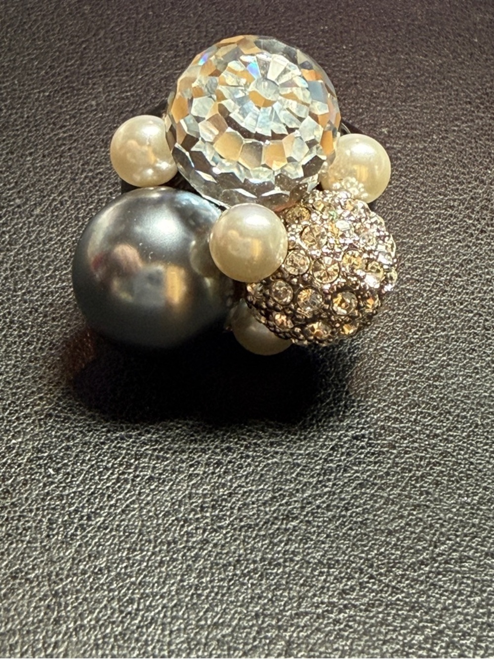 1990s RARE KJL Crystal Ball & Faux Gray Pearl Cocktail Ring Size 7.25